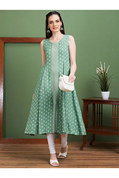 Globus By Styli Floral Print Front Slit Flared Hem Paneled A-Line Kurta