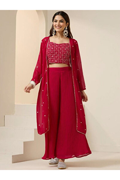 Ishin By Styli Flowy Red Georgette Embroidered Top, Shrug and Pants Co-ords
