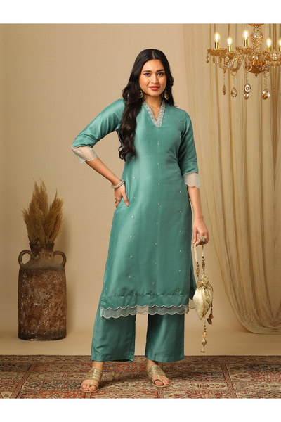 Globus By Styli Green Silver Embroidered V-Neck Kurta and Elasticated Pants Set