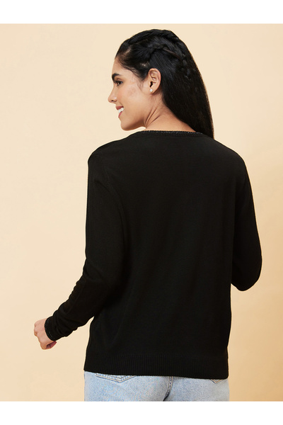 Globus By Styli Women Black Ribbed Hem Acrylic Sweater