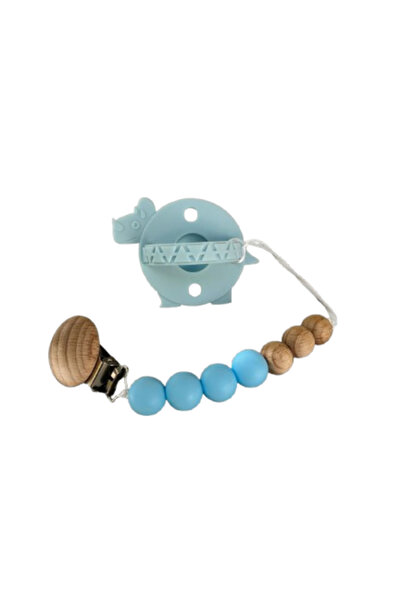 OEM Suzeta dentitie cu lantisor, clip din lemn si otel inoxidabil, fara BPA, hipoalergenic, Albastru