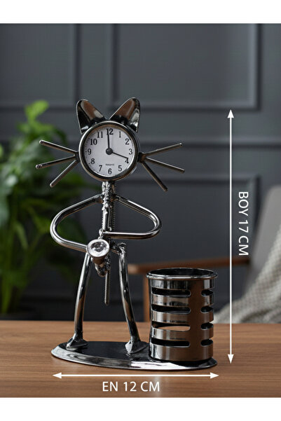 moryconcept Метален часовник и поставка за химикалки с котка музикант, свирещ...