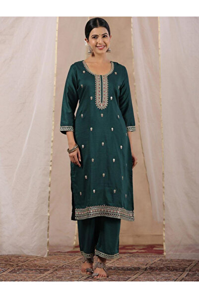 Ishin By Styli Emerald Green Silk Blend Kurta with Pants Set