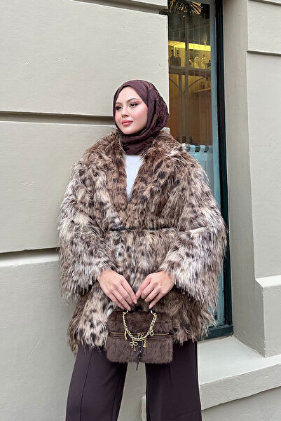 LOCCO Women's Leopard Belt Detail Fur Brown