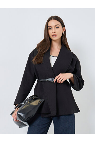 Take Two By Styli Black Wool Like Belted Wrap Coat