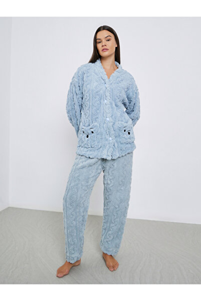 Styli Embroidered Bear Pocket Fleece Shirt and Pants Set