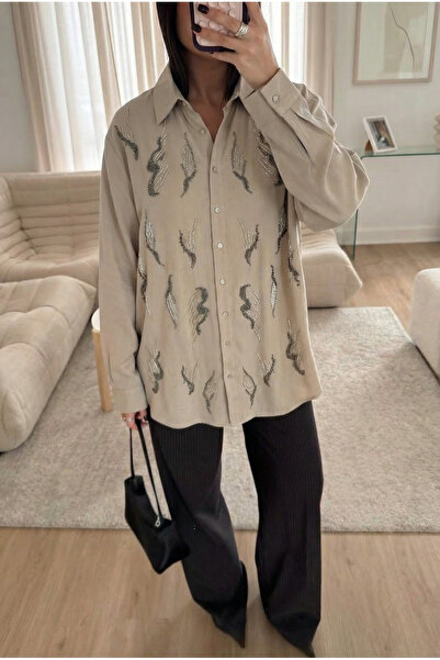 FEMELLE Beige Oversized Shirt with Bead Embroidery (Compatible with Size 48 and Below)