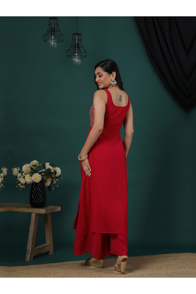 Globus By Styli Pink Zari Embroidered Sequined Yoke Kurta and Flared Palazzos Set