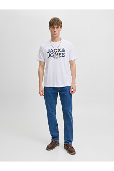Jack & Jones Men White Graphic Logo Crew Neck T-Shirt