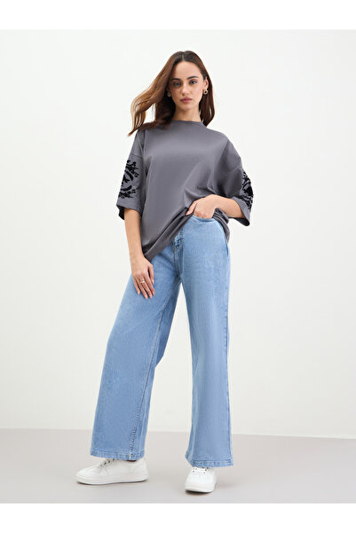 Styli Charcoal Embroidered Sleeve Oversized T-Shirt