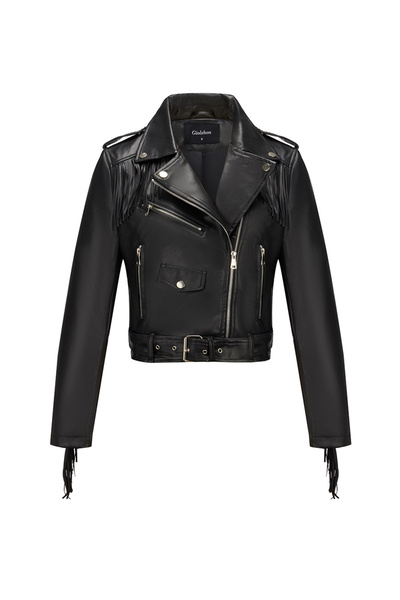 Take Two By Styli Black Fringe Cropped Biker Jacket