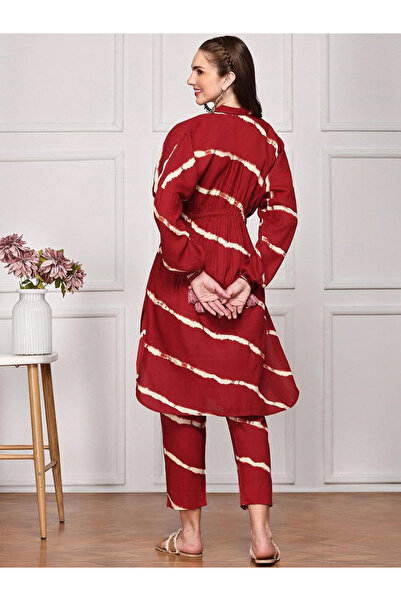 Ishin By Styli Red Striped Viscose Kurta with Pants Set