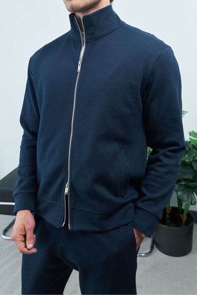 TÜZeMEN Textured Mock Neck Double Zipper Sweat Jacket