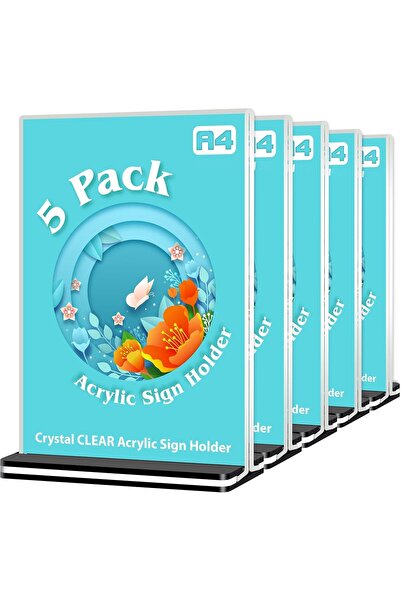 Slasa حامل لافتات أكريليك على شكل حرف T (8.2 × 11.6 بوصة) 5 قطع حامل طاولة عمودي مزدوج الجوانب A4