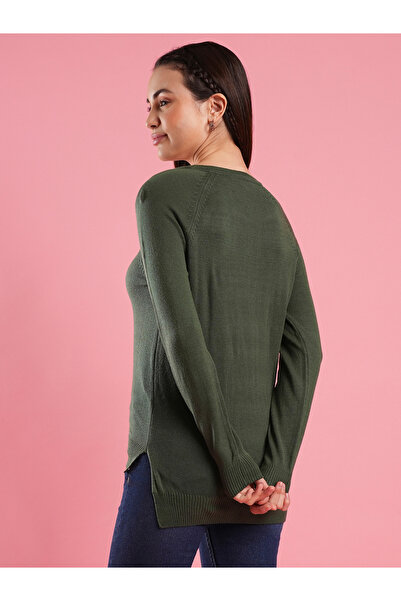 Globus By Styli Women Green Ribbed Hem Knitted Sweater