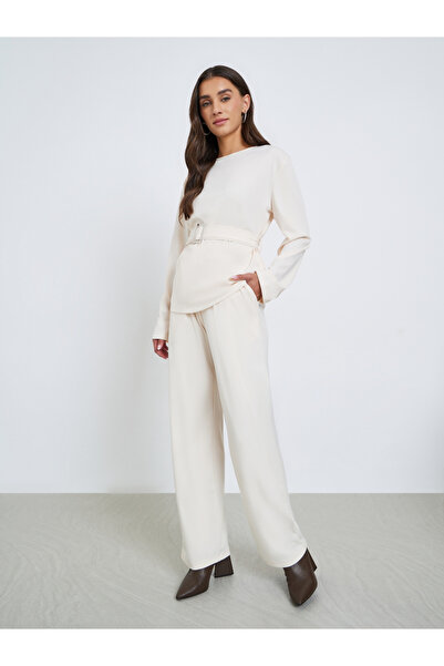 Styli Solid Belted Top and Wide Leg Trousers Co-ords