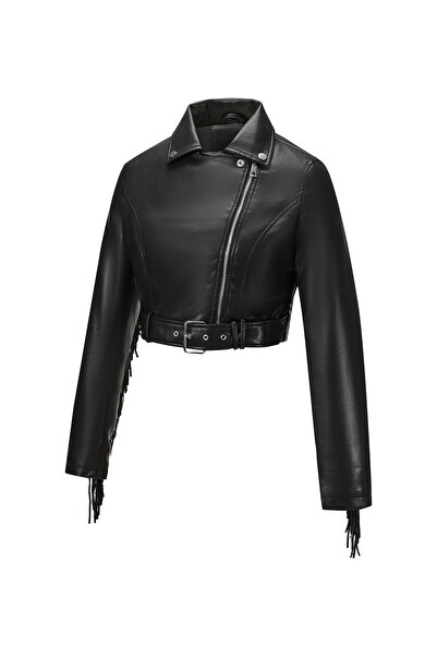 Take Two By Styli Black Cropped Fringe Biker Jacket