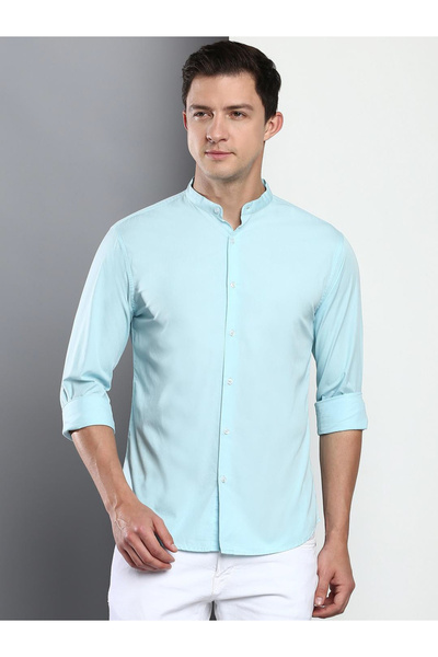 Dennis Lingo By Styli Men Turquoise Stand Collar Cotton Shirt