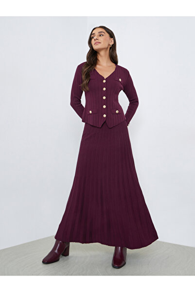 Styli Burgundy Knit Cardigan and Pleated Skirt Co-ords