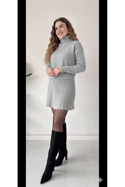 Cemre Life New Deux Women's Fleece-Lined Pleated Sweater Skirt Knitwear Set