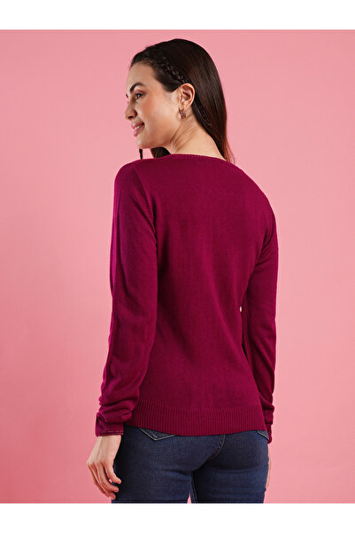 Globus By Styli Women Burgundy Ribbed Hem Knitted Sweater