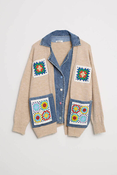 Robin Denim Paneled Color Embroidered Knitwear Cardigan