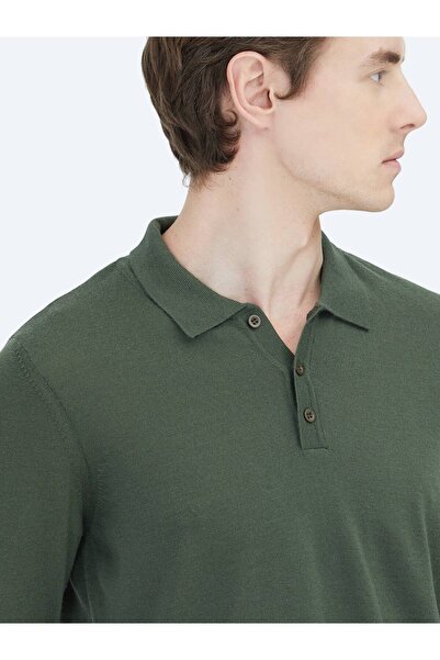 Kip Green Polo Neck Plain Knit Wool Blend Sweater