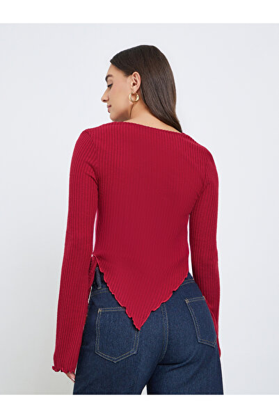 Styli Burgundy Ribbed Asymmetric Hem Long Sleeve Top