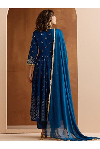 Ishin By Styli Blue Embroidered Georgette Kurta and Pant Set