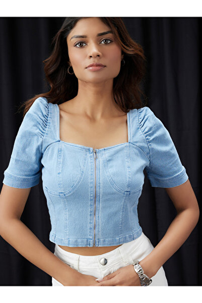 Globus By Styli Women Blue Puff Sleeves Denim Corset Top