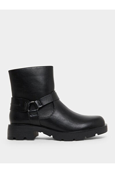 Styli Black Buckle Ankle Boots