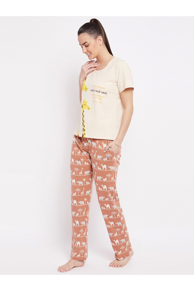 LAZZYCAT By Styli Cotton Printed T-Shirt and Pyjama Set