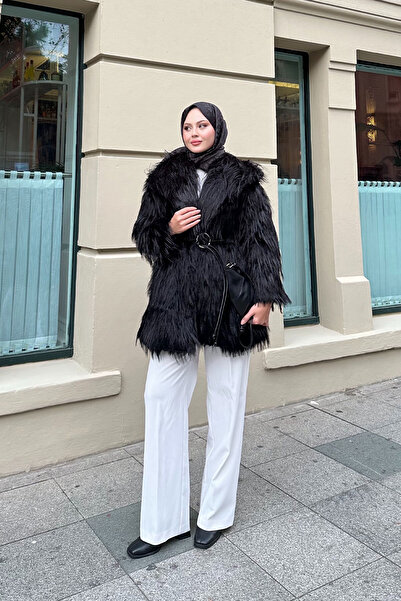 LOCCO Palton de damă cu detaliu curea inelară negru