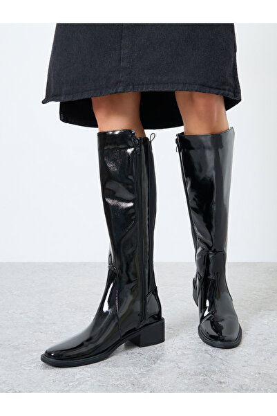 Styli Black Patent Knee-High Boots with Gusset