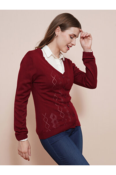 Globus By Styli Women Maroon Ribbed Hem Cardigan Sweater
