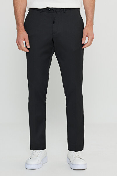 ALTINYILDIZ CLASSICS Ανδρικό μαύρο παντελόνι εφαρμοστό με λεπτή εφαρμογή με δεμένη μέση και πλαϊνές τσέπες