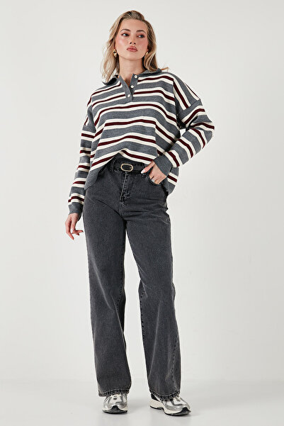 Lela Striped Oversized Fit Buttoned Polo Neck Sweater Polo Neck Sweater 4615259