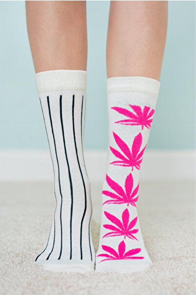 Esinti 2 ζευγάρια μακριές κάλτσες με λευκό χρώμα με μοτίβο φύλλων και γραμμών