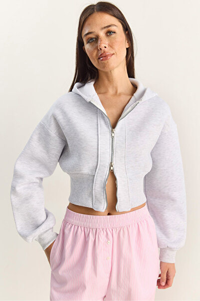 Bianco Lucci Women's Zippered Hooded Waist-Fitted Stretchy Knitted Crop Sweatshirt 60283858