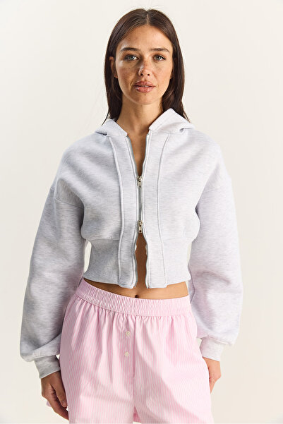 Bianco Lucci Women's Zippered Hooded Waist-Fitted Stretchy Knitted Crop Sweatshirt 60283858