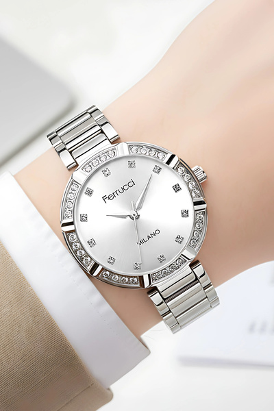 Ferrucci Steel Cord Steel Case Women's Wristwatch, Bracelet Gift Silver Zmfer202