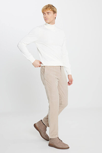 ALTINYILDIZ CLASSICS Ανδρικό μπεζ εφαρμοστό ελαστικό παντελόνι με βελούδινο λουράκι μέσης με πλαϊνή τσέπη