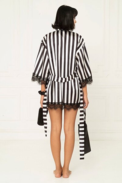 FOR YOU MODA 6-teiliges Set aus schwarz-weiß gestreiftem Satin-Tanktop und Shorts