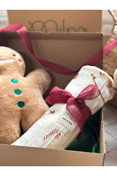 MİLNA BABY&KİDS New Year's Special Gift Box Double Layer Muslin Cover & Cookie Man Plush