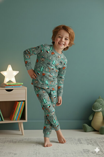 ROSAMİNA Little Explorer Dino 100% Cotton Boys' Pajama Set
