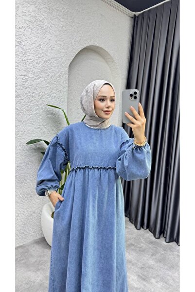 M O L İ T A MLT122 Balon Kol Kalın Kot Denim Elbise