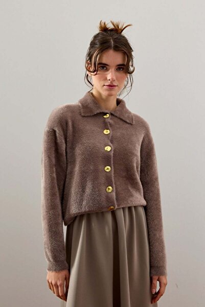 Ceylan Otantik Mink Polo Neck Plush Cardigan