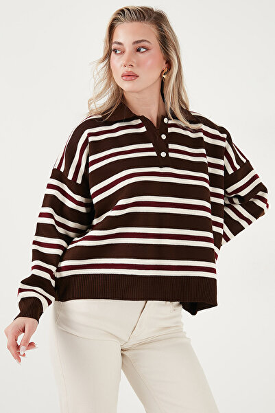 Lela Πουλόβερ με ριγέ λαιμόκοψη με κουμπιά oversized Fit POLO COLLAR SWEATER 4615259