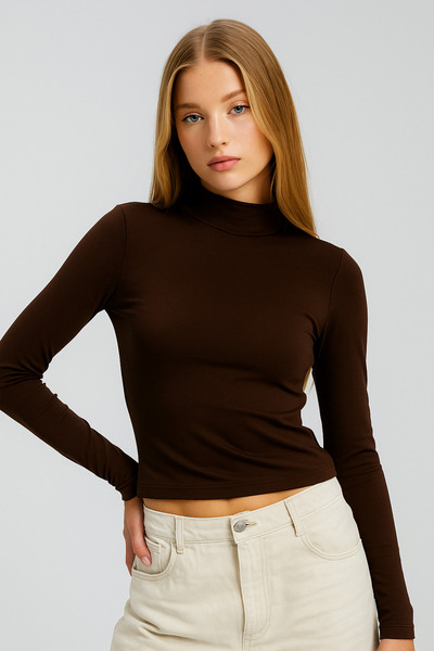 Rich Γυναικεία καφέ μπλούζα με μισό ζιβάγκο με μακρύ μανίκι