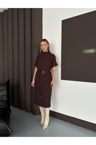 MODAMERSİ Women's Brown Mock Neck Belted Short Sleeve Dress